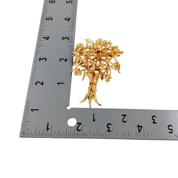 1950s Gold Plated Money Tree 3D Brooch Pin, Natural Pearl, Dollar Sign, Vintage - Picture 4 of 12
